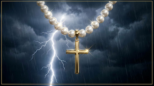 Cinematic close-up of a pearl cross necklace being worn on a stormy beach during blue hour.