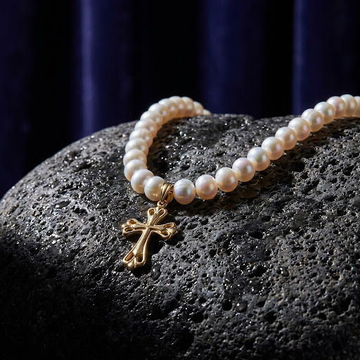 The Tempest pearl and gold cross necklace resting on a wet volcanic rock under a spotlight.